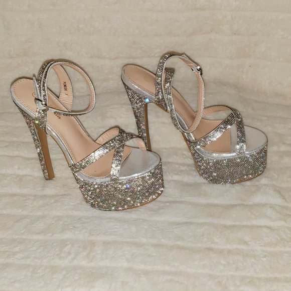 Bejeweled Pandora Silver Rhinestone Platform 6.5" Heels Defects - Picture 5 of 17